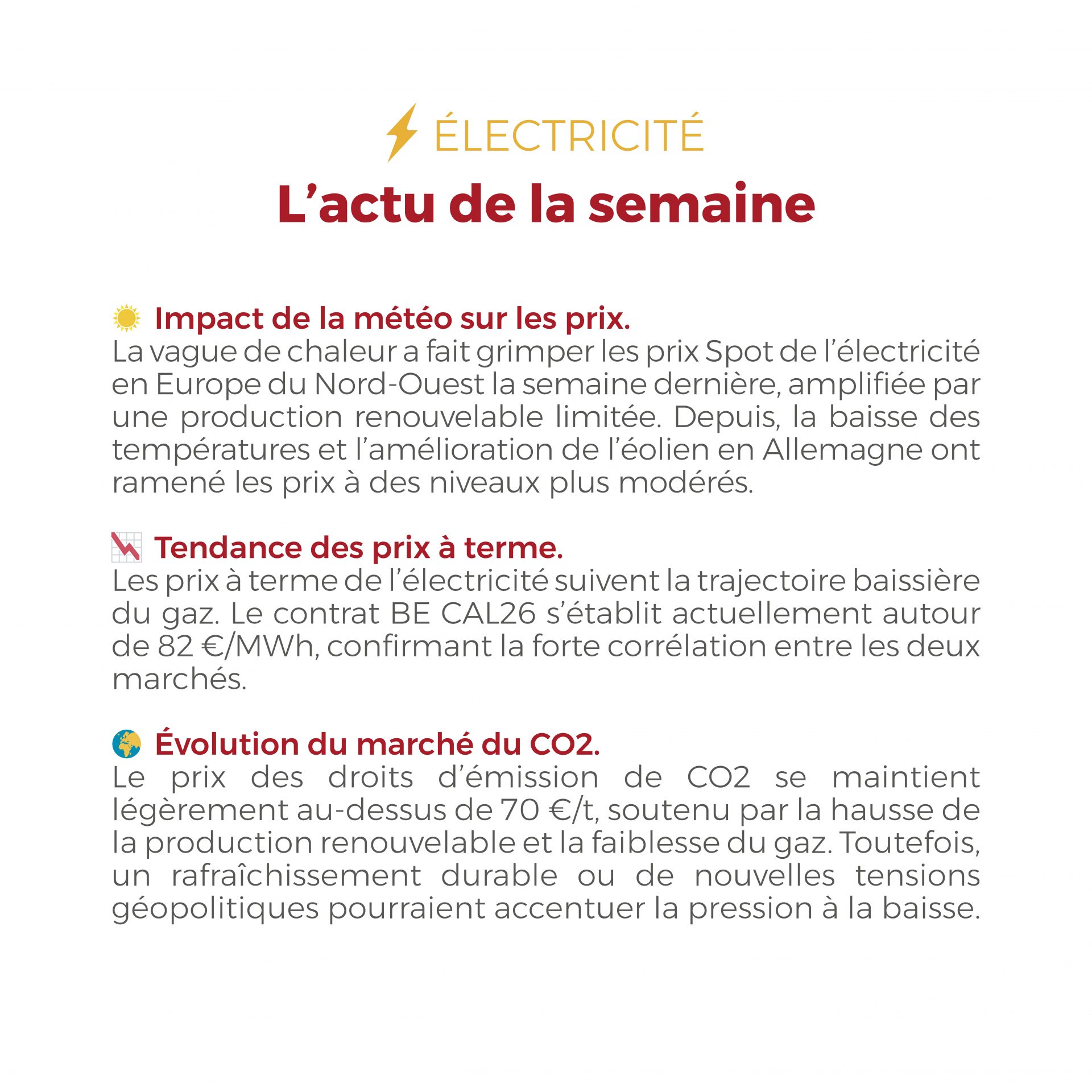 𝗙𝗟𝗔𝗦𝗛𝗣𝗢𝗜𝗡𝗧 du 18 au 22 août 2025 ⚡🔥 Les prix de l’électricité (82 €/MWh) et du gaz naturel (32 €/MWh) restent modérés, malgré la volatilité liée à la météo, aux importations et au contexte géopolitique.