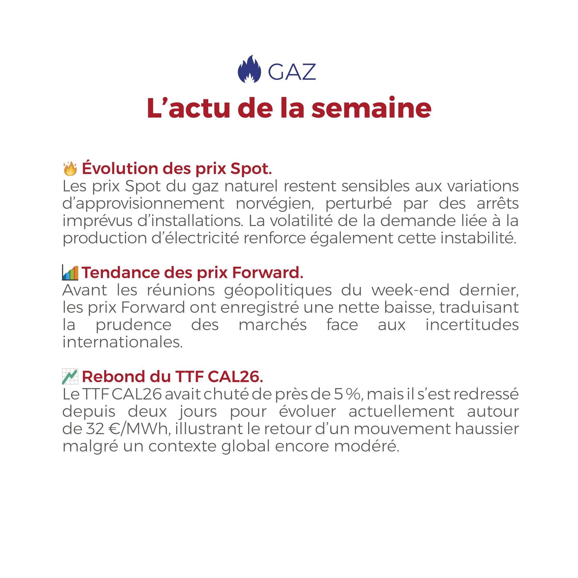 𝗙𝗟𝗔𝗦𝗛𝗣𝗢𝗜𝗡𝗧 du 18 au 22 août 2025 ⚡🔥 Les prix de l’électricité (82 €/MWh) et du gaz naturel (32 €/MWh) restent modérés, malgré la volatilité liée à la météo, aux importations et au contexte géopolitique.