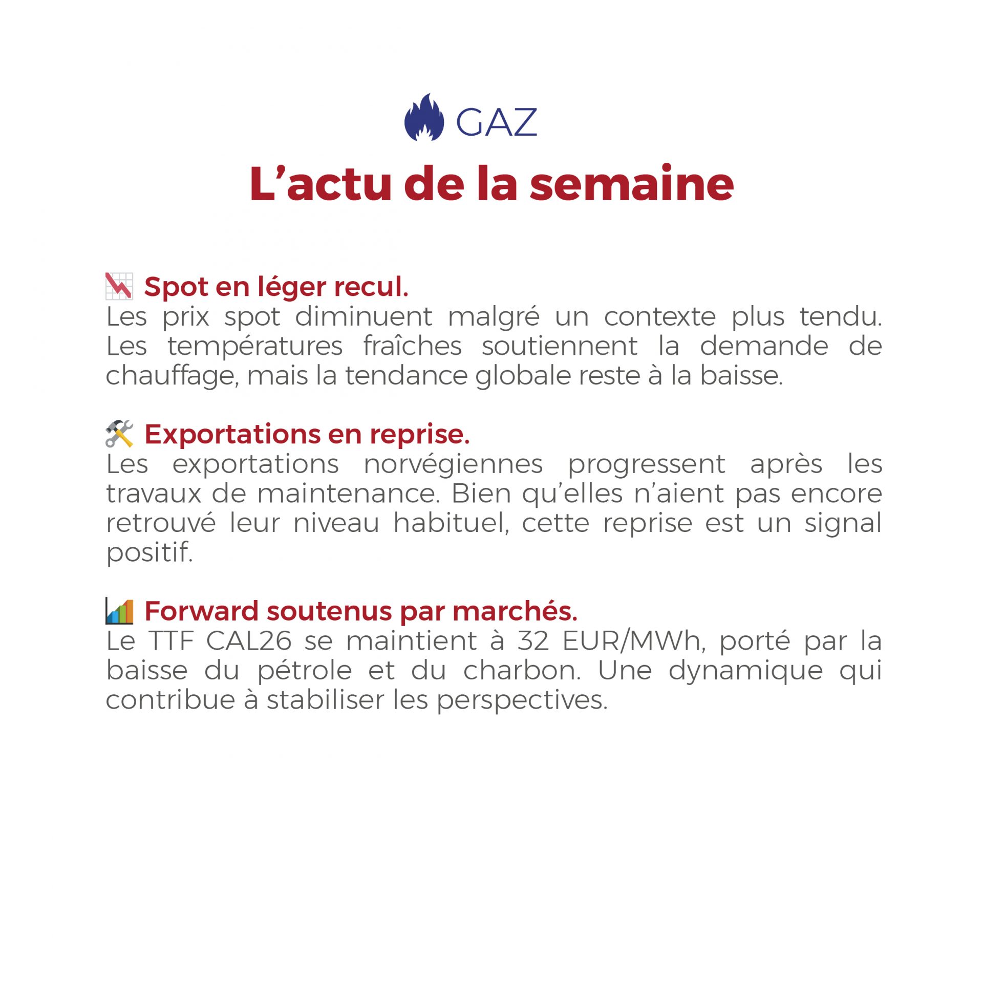 FLASHPOINT du 22/09/2025 au 26/09/2025 Marchés de l’électricité et du gaz : entre hausses ponctuelles, stabilité des forwards et reprise des exportations, les signaux restent encourageants.