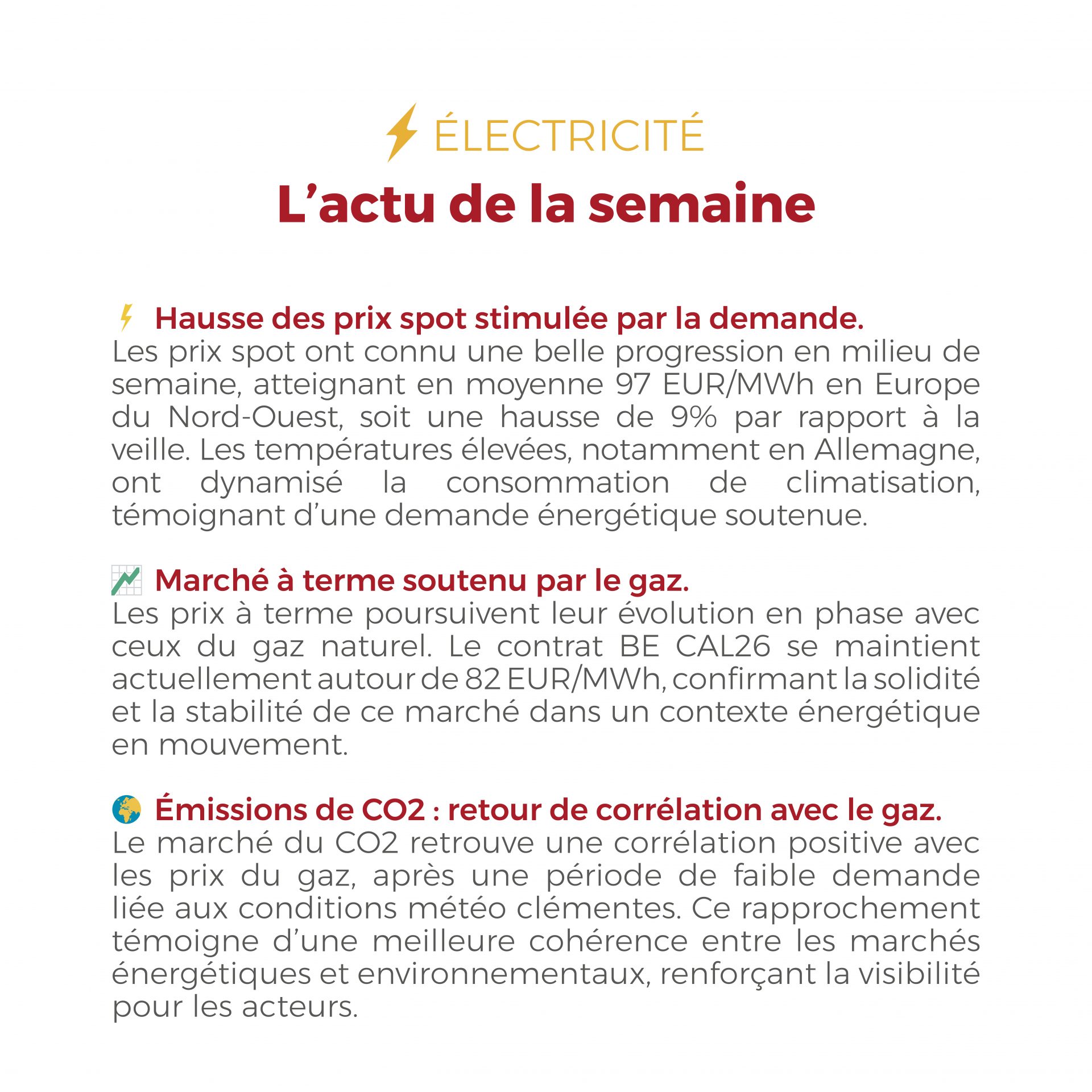 FLASHPOINT SEMAINE DU 25 au 29 AOUT 2025 ⚡🛠️ Entre la hausse des prix spot de l’électricité en Europe du Nord-Ouest, soutenue par une forte demande, et un marché du gaz résilient malgré la maintenance en Norvège et des stocks déjà remplis à 75%, les fondamentaux énergétiques restent solides avec un BE CAL26 à 82 EUR/MWh et un TTF CAL26 autour de 32 EUR/MWh.