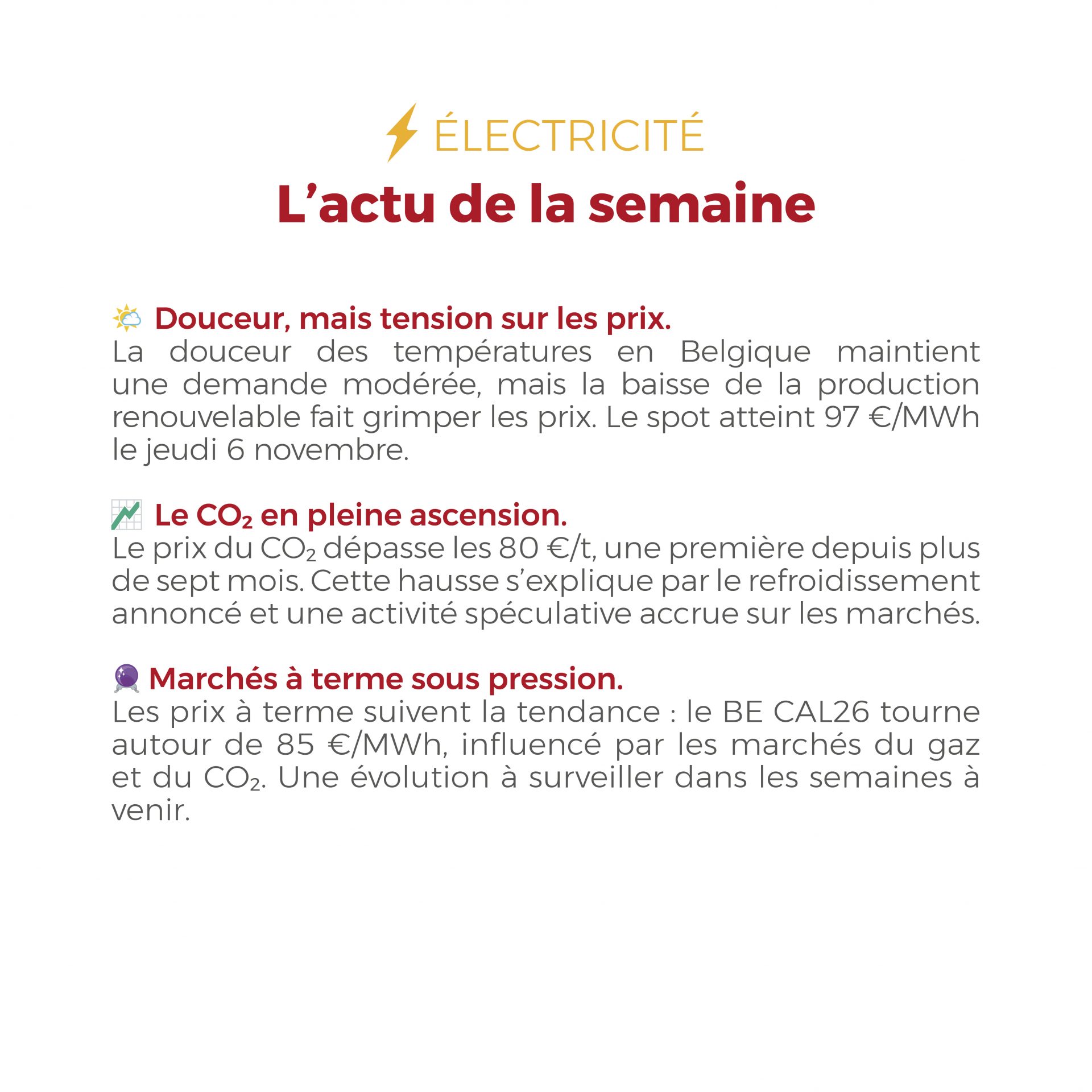 FLASHPOINT du 03/11/2025 au 07/11/2025 Gaz en hausse avec un marché qui se resserre, électricité tirée vers le haut par le CO₂ et la baisse des renouvelables.