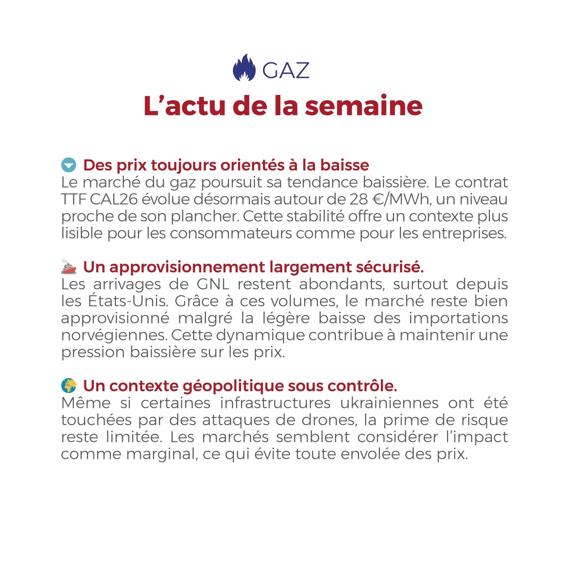 𝗙𝗟𝗔𝗦𝗛𝗣𝗢𝗜𝗡𝗧 du 01 au 05 décembre 2025 👉 Électricité et gaz : une semaine marquée par l’accalmie des marchés, avec des prix en repli et un approvisionnement toujours solide; un contexte favorable pour sécuriser ses contrats énergie. Lire le 𝗙𝗟𝗔𝗦𝗛𝗣𝗢𝗜𝗡𝗧 👇 Contactez nos experts : 👉🏻 via notre site : www.flash-consulting.fr 📧 par mail : contact@flash-consulting.fr 📞 par téléphone : 05 31 61 40 62 🌆 Nos agences : Toulouse - Montpellier - Perpignan - Paris - Lourdes - Tarbes - Metz - Nancy - Brive-la-Gaillarde 📢 Vous souhaitez suivre l’actualité de l’énergie de manière régulière ? Inscrivez-vous à la newsletter de Flash Énergie ! FLASHPOINT (1 newsletter en début de mois) : https://www.flash-consulting.fr/flashpoint-newsletter-mensuelle/ FLASH ACTU (3 actualités par semaine) : https://www.flash-consulting.fr/inscription-au-flash-actu/ #flashpoint #FlashÉnergie #Énergie #Électricité #Gaz #actualiteenergie #PrixDeLÉnergie #TransitionÉnergétique #ÉnergiesRenouvelables #MarchéDeLÉnergie #CO2 #Nucléaire #Éolien #ProductionÉnergétique #InnovationÉnergétique