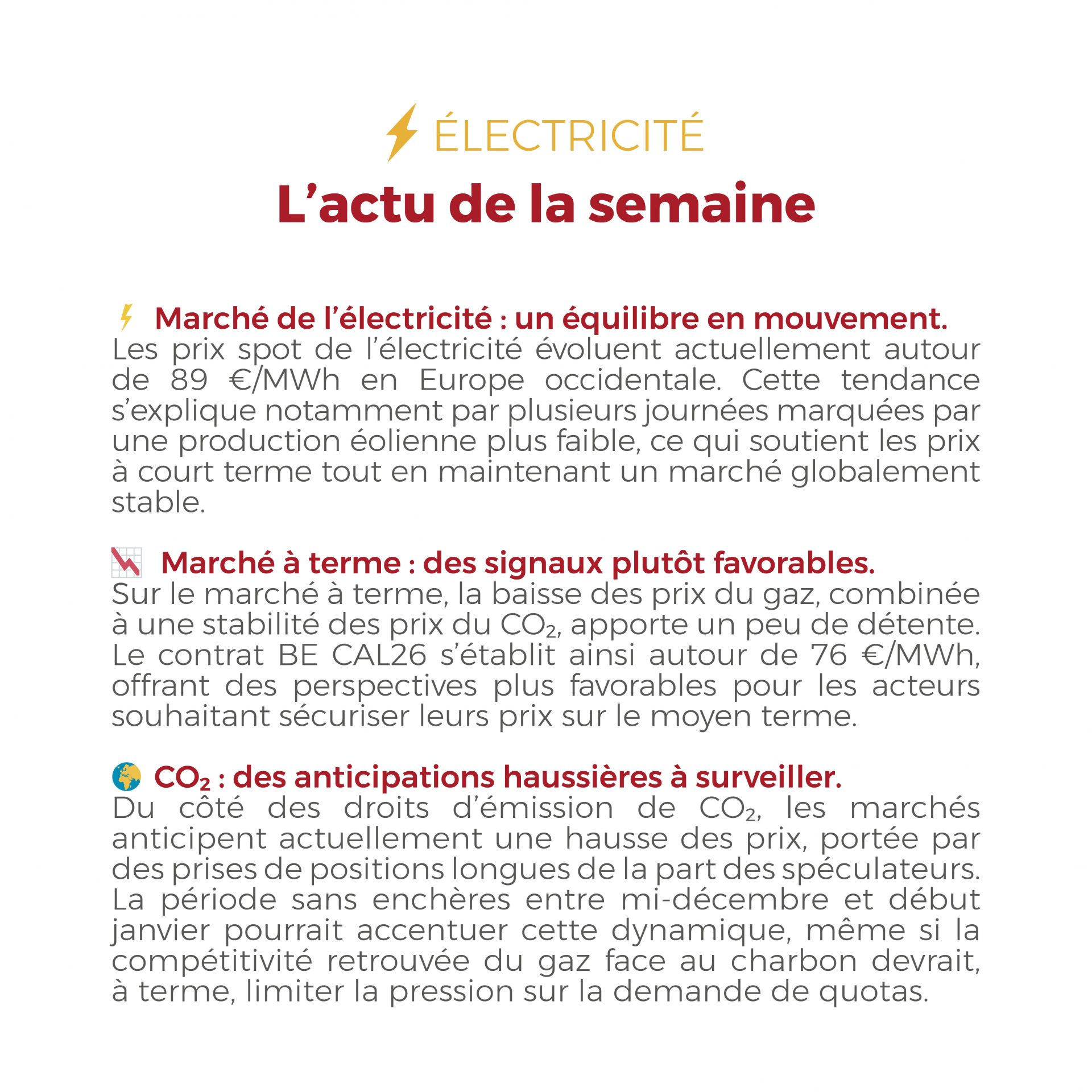 𝗙𝗟𝗔𝗦𝗛𝗣𝗢𝗜𝗡𝗧 du 08 au 12 décembre 2025 Entre électricité et gaz, les marchés restent marqués par des équilibres en évolution : des prix de l’électricité soutenus par le CO₂ et une production éolienne plus faible, tandis que le gaz bénéficie d’une demande réduite et de niveaux à terme toujours modérés.