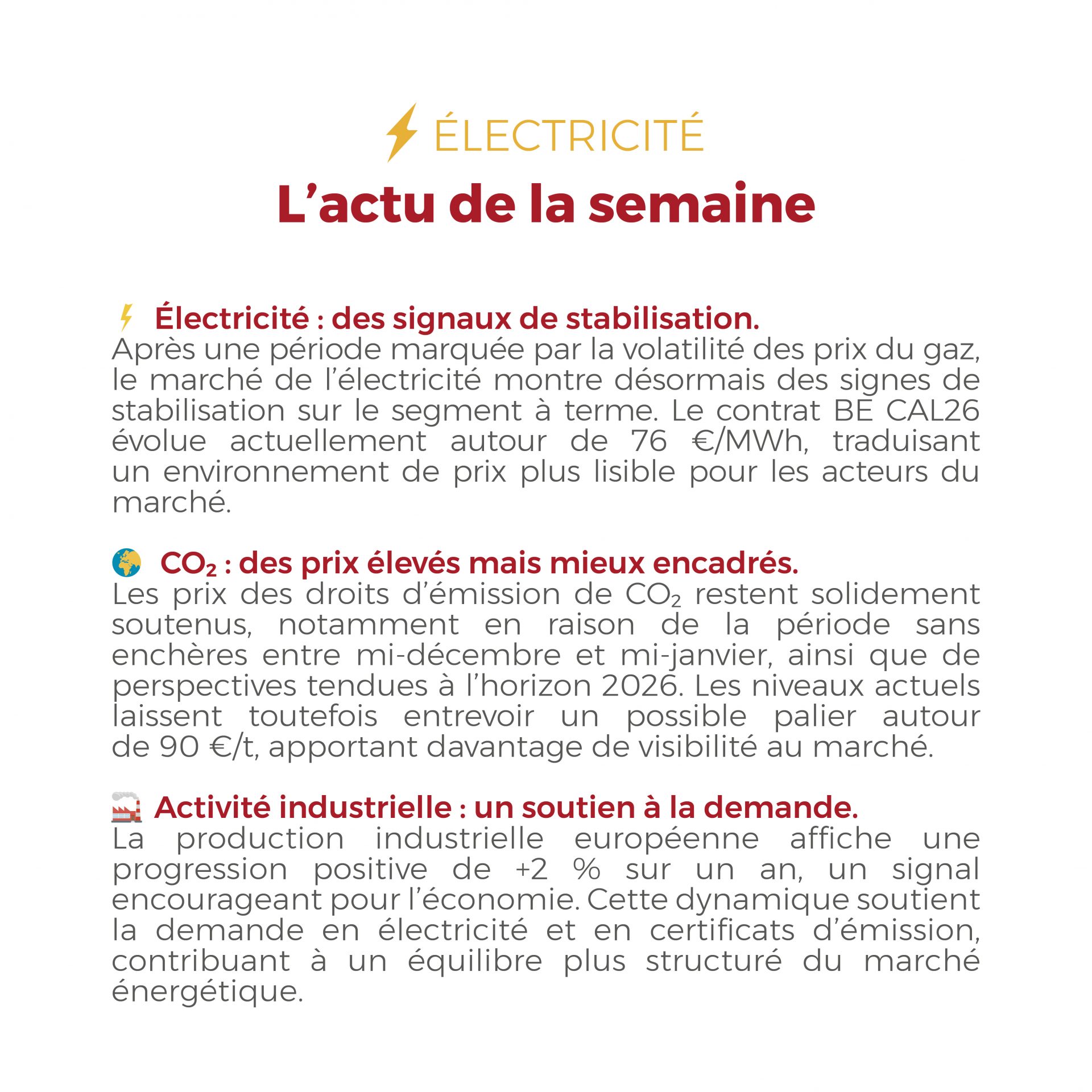 Électricité en phase de stabilisation, gaz sous contrôle malgré un marché encore baissier.