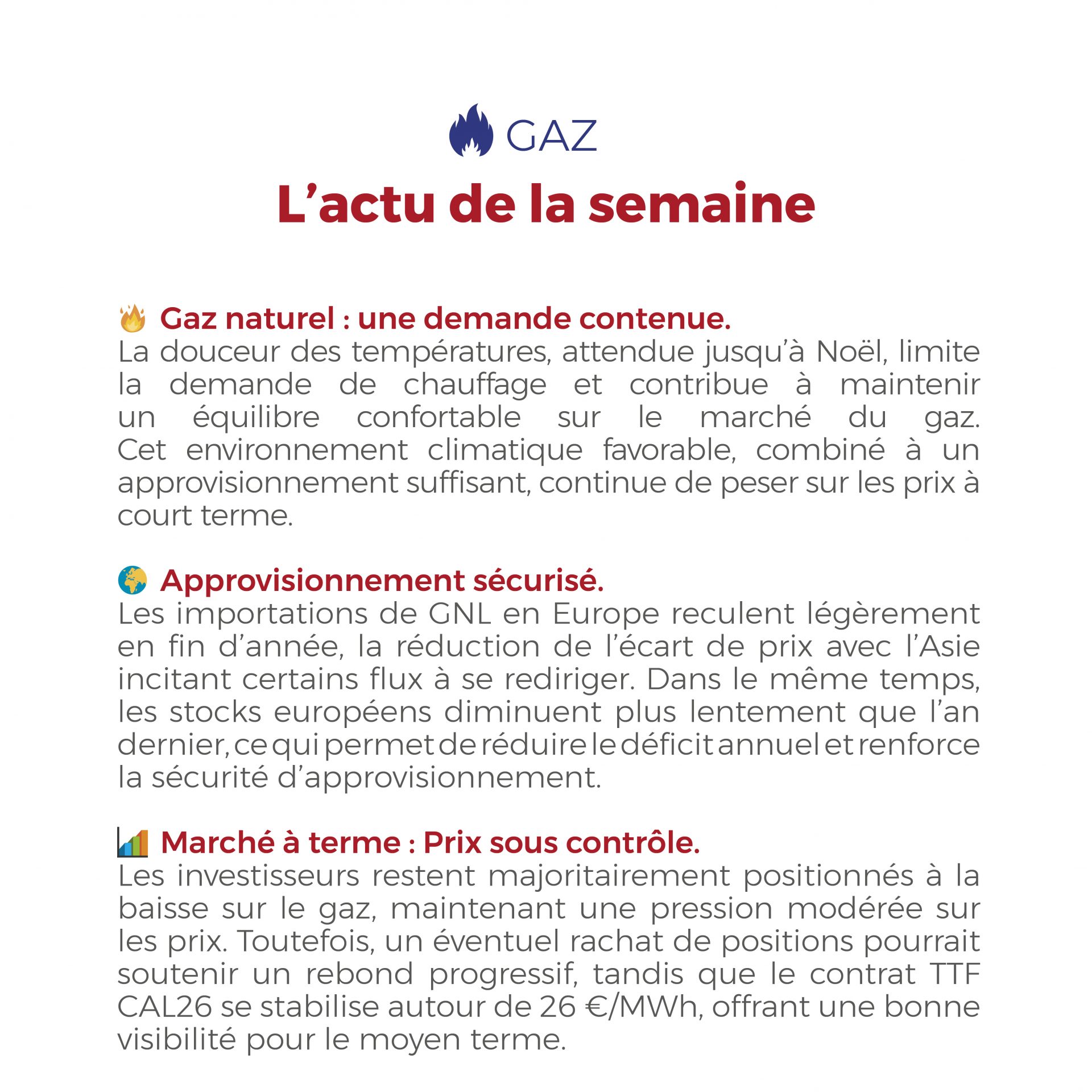 Électricité en phase de stabilisation, gaz sous contrôle malgré un marché encore baissier.
