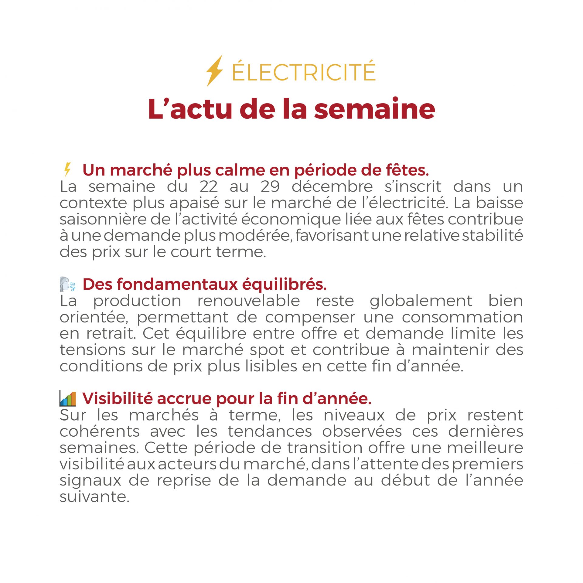 Découvrez notre Flashpoint de la dernière semaine de décembre 2025 : électricité et gaz évoluent dans un contexte plus calme et maîtrisé.