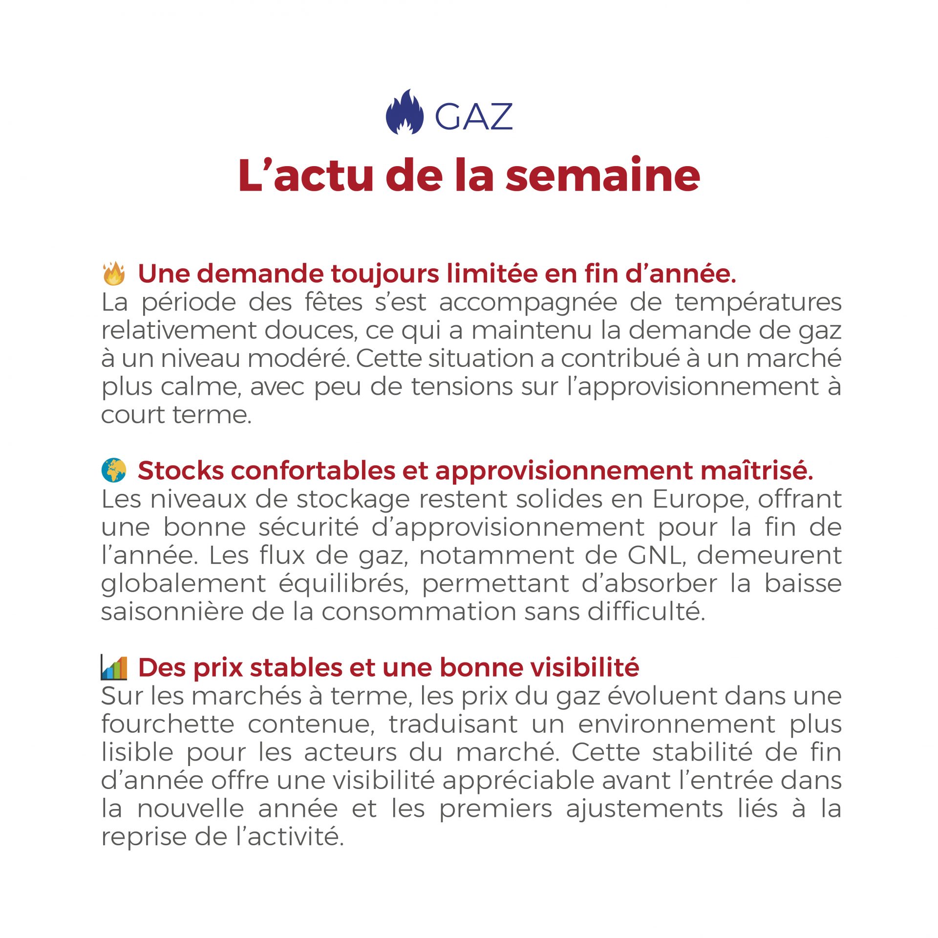Découvrez notre Flashpoint de la dernière semaine de décembre 2025 : électricité et gaz évoluent dans un contexte plus calme et maîtrisé.