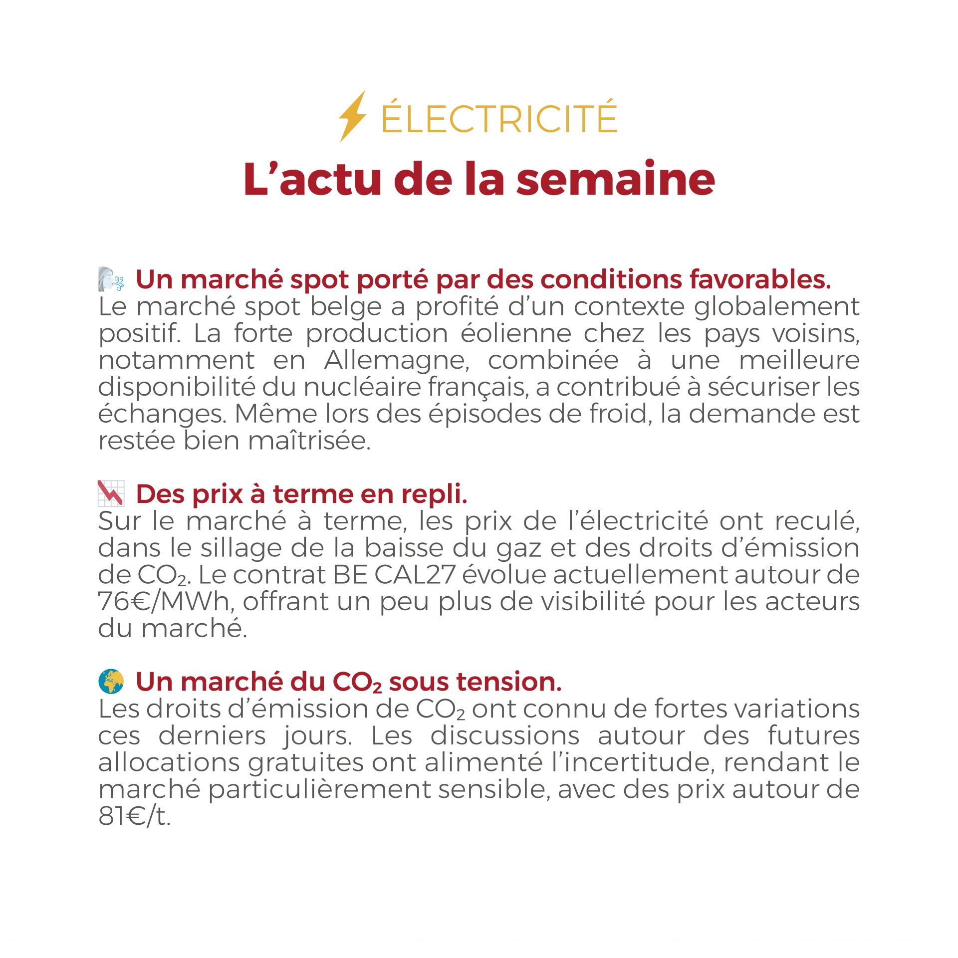⚡🔥 Électricité & Gaz : marchés plus apaisés cette semaine Entre une bonne production renouvelable, une demande maîtrisée et un meilleur équilibre de l’approvisionnement en gaz, les marchés de l’électricité et du gaz montrent des signes de stabilisation. #Electricite #Gaz #Energie #MarchesEnergetiques #FlashEnergie