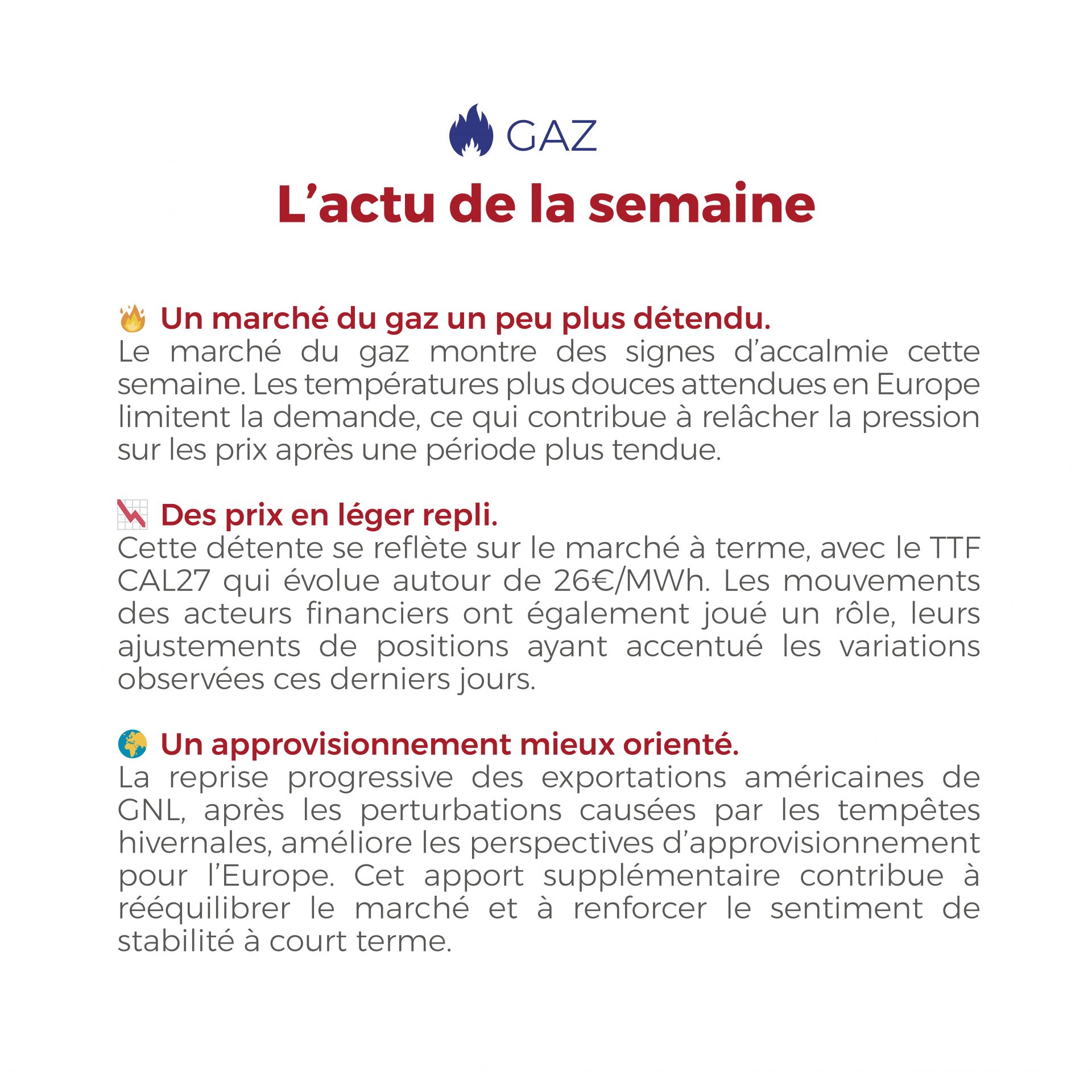 ⚡🔥 Électricité & Gaz : marchés plus apaisés cette semaine Entre une bonne production renouvelable, une demande maîtrisée et un meilleur équilibre de l’approvisionnement en gaz, les marchés de l’électricité et du gaz montrent des signes de stabilisation. #Electricite #Gaz #Energie #MarchesEnergetiques #FlashEnergie