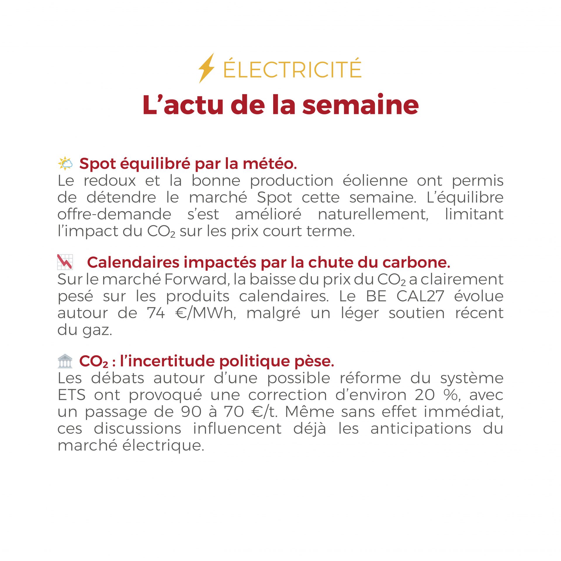 𝗙𝗟𝗔𝗦𝗛𝗣𝗢𝗜𝗡𝗧 du 16 au 20 février 2026 Les marchés de l’électricité et du gaz restent globalement équilibrés, soutenus par des fondamentaux solides et une bonne production renouvelable, malgré une volatilité persistante liée au CO₂ et aux tensions géopolitiques.