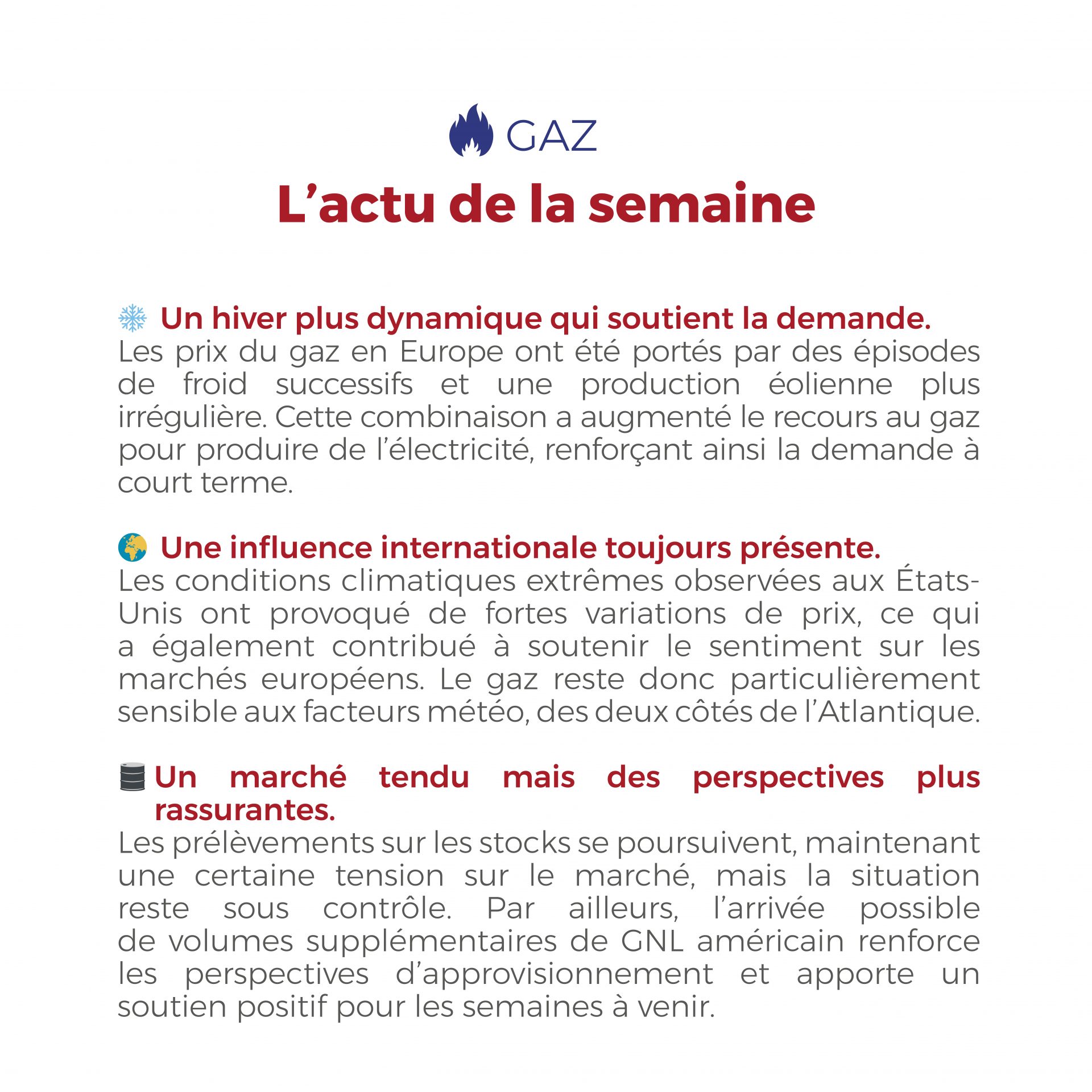 ⚡🔥 Électricité & Gaz : marchés sous influence hivernale Les températures froides et la variabilité des renouvelables soutiennent les prix de l’électricité en Europe, tandis que le gaz reste dynamique face à une demande accrue pour la production électrique. Entre évolution du CO₂, tensions météo et perspectives de GNL supplémentaires, les marchés énergétiques restent en mouvement. 👉 À suivre dans notre Flashpoint hebdomadaire. #Energie #Electricite #Gaz #MarchesEnergetiques #TransitionEnergetique #FlashEnergie