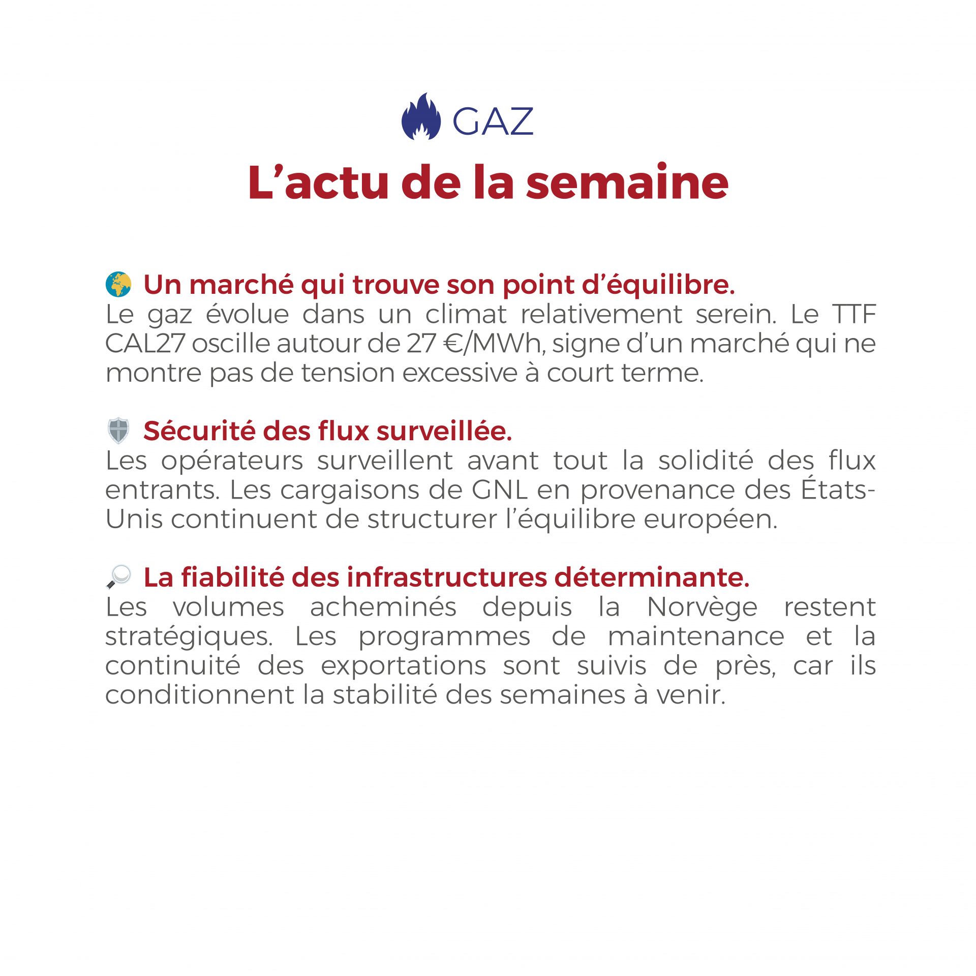 𝗙𝗟𝗔𝗦𝗛𝗣𝗢𝗜𝗡𝗧 du 23 au 27 février 2026 Les marchés énergétiques évoluent dans un climat plus serein : l’électricité bénéficie d’une production solide et d’un ajustement du carbone, tandis que le gaz reste stable grâce à des flux d’approvisionnement sécurisés en Europe. ⚡🔥