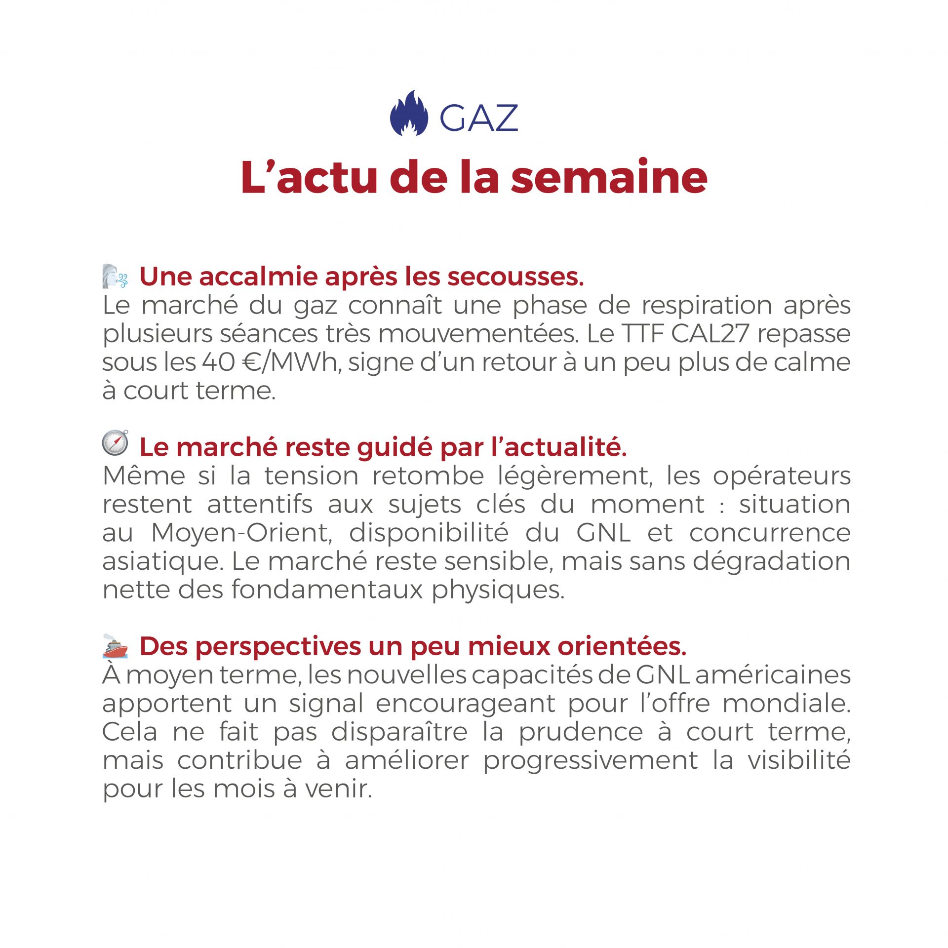 ⚡🔥 Entre météo changeante, marché carbone sous surveillance et gaz un peu plus détendu, les marchés de l’énergie continuent d’offrir cette semaine des signaux utiles à suivre de près.
