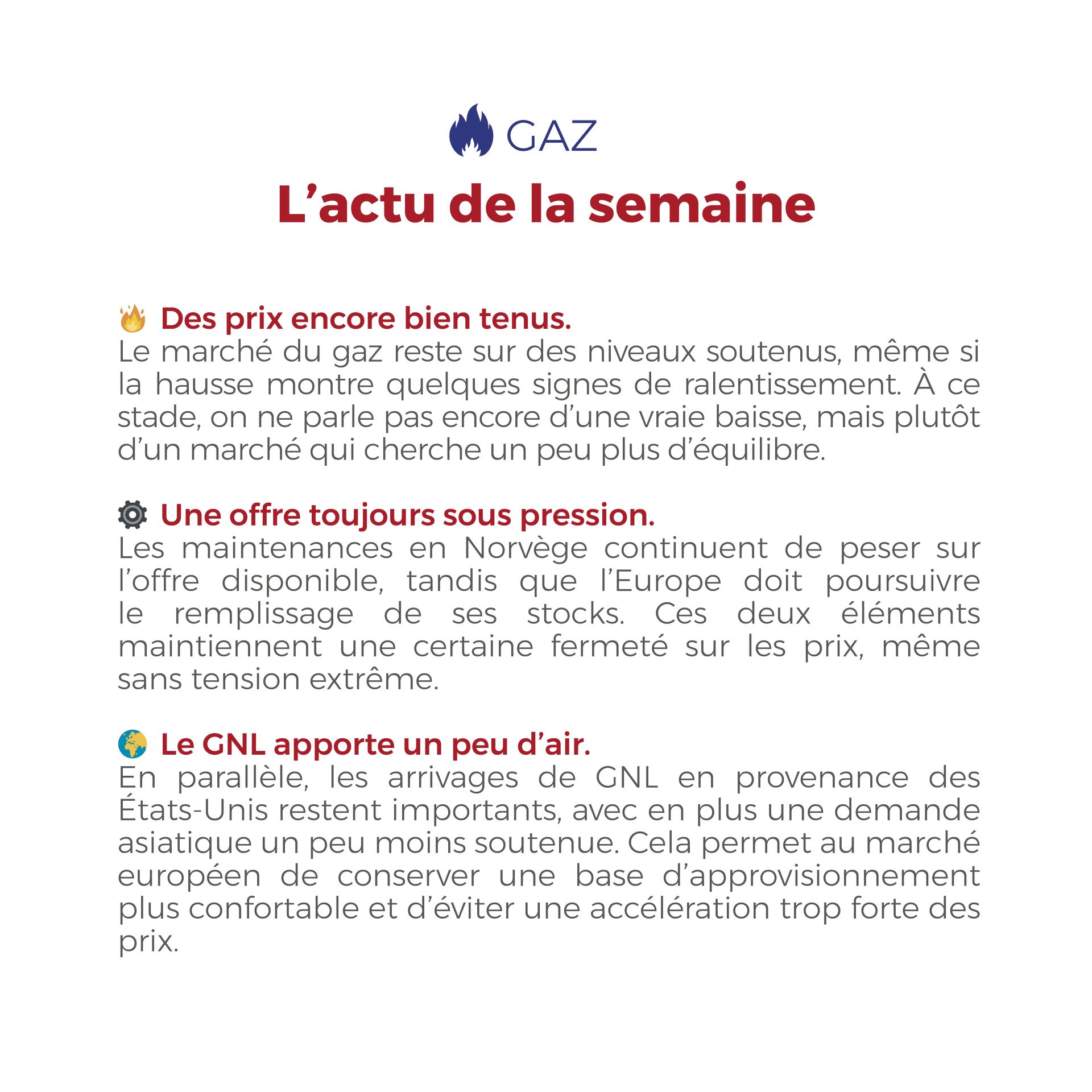 ⚡🔥 La semaine dernière, les marchés de l’énergie sont restés globalement sous tension maîtrisée : en électricité, le spot a été très volatil entre renouvelables abondants et rebond en début de semaine ; côté gaz, les prix sont restés soutenus, même si la dynamique haussière semble ralentir.