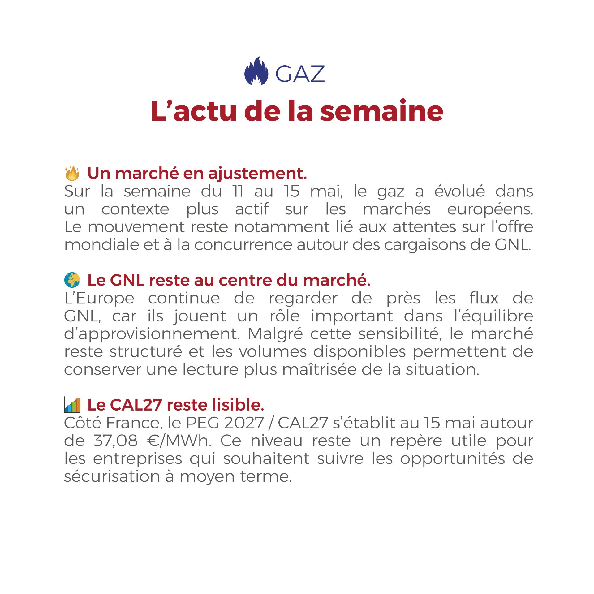Les marchés de l’énergie restent actifs, entre ajustements sur les prix à terme et attention portée aux équilibres d’approvisionnement.