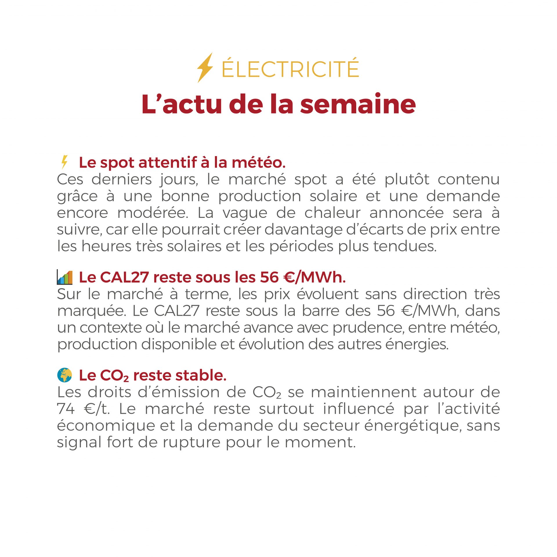 ⚡🔥 Électricité & gaz : les points clés de la semaine Côté électricité, le marché reste attentif à la météo et à l’impact du solaire sur les prix spot. Côté gaz, l’équilibre reste plus sensible, avec une concurrence accrue sur le GNL et des stocks européens à suivre.