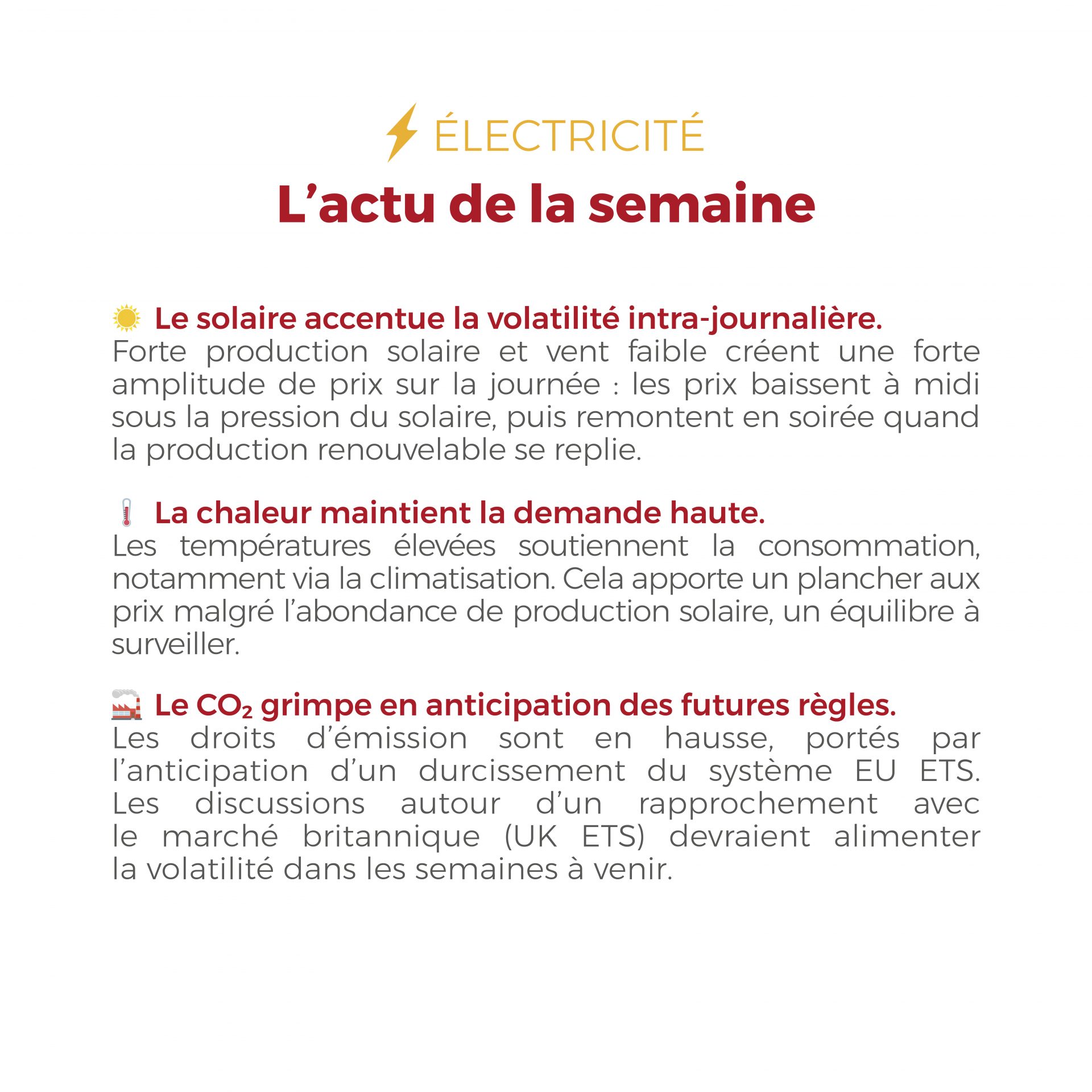 le marché de l'électricité joue au rythme de la météo tandis que le gaz reste sans direction claire, sous l'influence de la géopolitique et des flux GNL
