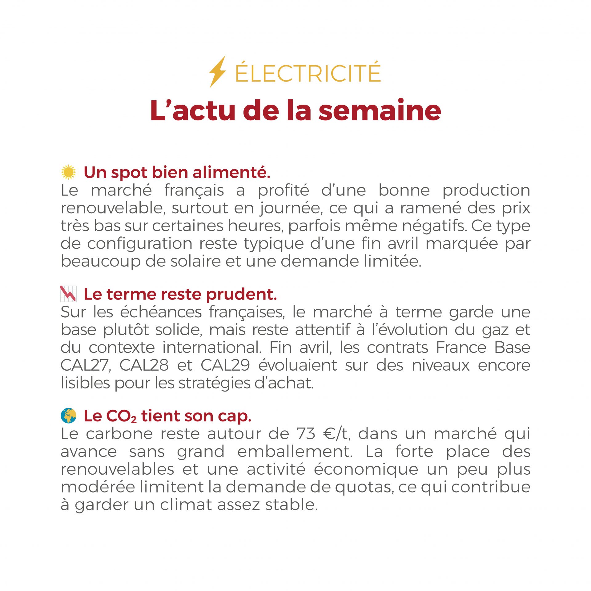 ⚡🔥 La semaine du 27 au 30 avril a confirmé une tendance plus lisible sur les marchés de l’énergie : en électricité, la forte production renouvelable a tiré les prix spot vers le bas sur certaines heures, tandis que le gaz a retrouvé un peu de calme dans un contexte plus respirable. 👉 Retrouvez notre Flashpoint pour mieux comprendre les mouvements de marché de la semaine écoulée. #Electricite #Gaz #Energie #Flashpoint #FlashEnergie