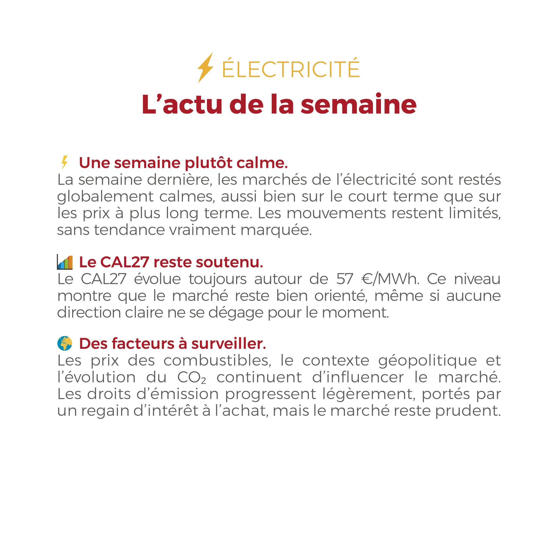 𝗙𝗟𝗔𝗦𝗛𝗣𝗢𝗜𝗡𝗧 du 08 au 12 juin 2026 ⚡🔥 Électricité et gaz : la semaine dernière, les marchés sont restés globalement stables, mais toujours sous surveillance entre prudence des acheteurs, stocks de gaz plus bas que l’an dernier et facteurs externes qui continuent d’influencer les tendances. Lire le 𝗙𝗟𝗔𝗦𝗛𝗣𝗢𝗜𝗡𝗧 👇 Contactez nos experts : 👉🏻 via notre site : www.flash-consulting.fr 📧 par mail : contact@flash-consulting.fr 📞 par téléphone : 05 31 61 40 60 📢 Vous souhaitez suivre l’actualité de l’énergie de manière régulière ? Inscrivez-vous à la newsletter de Flash Énergie ! FLASHPOINT (1 newsletter en début de mois) : https://www.flash-consulting.fr/flashpoint-newsletter-mensuelle/ FLASH ACTU (3 actualités par semaine) : https://www.flash-consulting.fr/inscription-au-flash-actu/ #flashpoint #FlashÉnergie #Énergie #Électricité #Gaz #actualiteenergie #PrixDeLÉnergie #TransitionÉnergétique #ÉnergiesRenouvelables #MarchéDeLÉnergie #CO2 #Nucléaire #Éolien #ProductionÉnergétique #MarchesEnergetiques