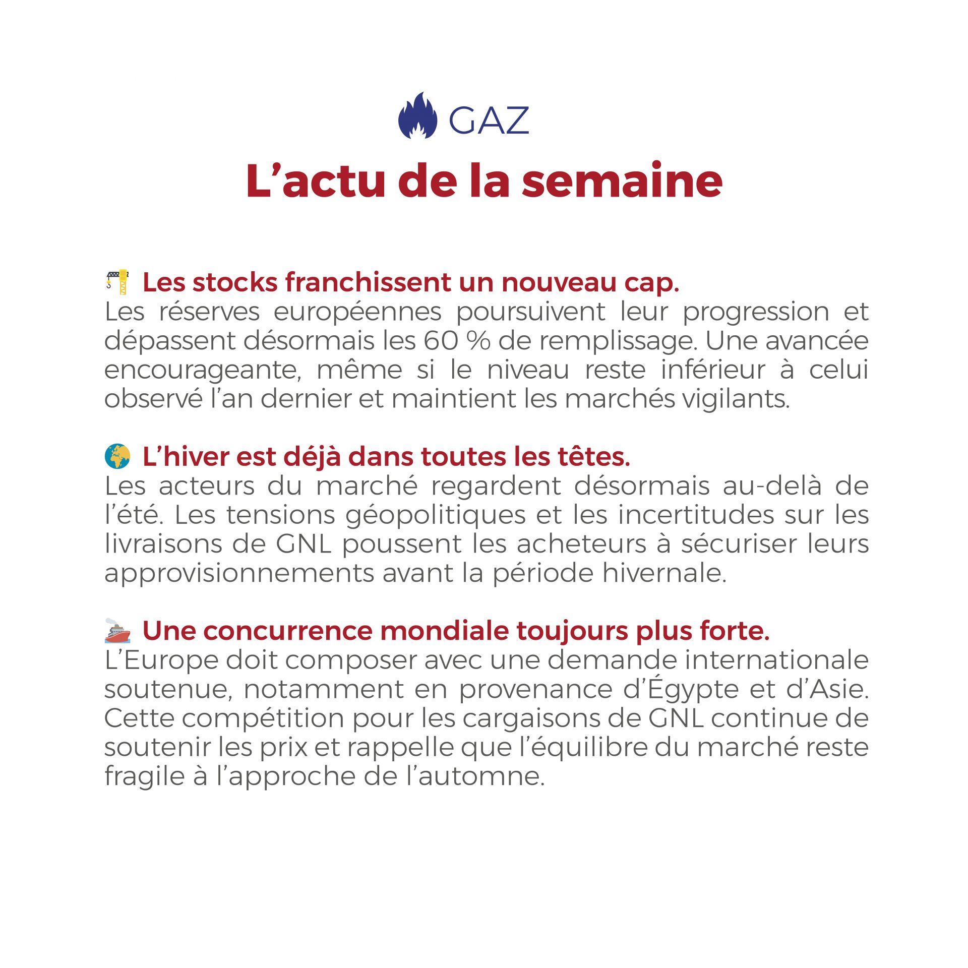 ⚡🔥 Électricité & Gaz : les marchés restent sous surveillance. Le retour d’une météo plus clémente apaise légèrement le marché de l’électricité, tandis que le gaz demeure soutenu par les inquiétudes sur les approvisionnements hivernaux et la forte demande mondiale en GNL.