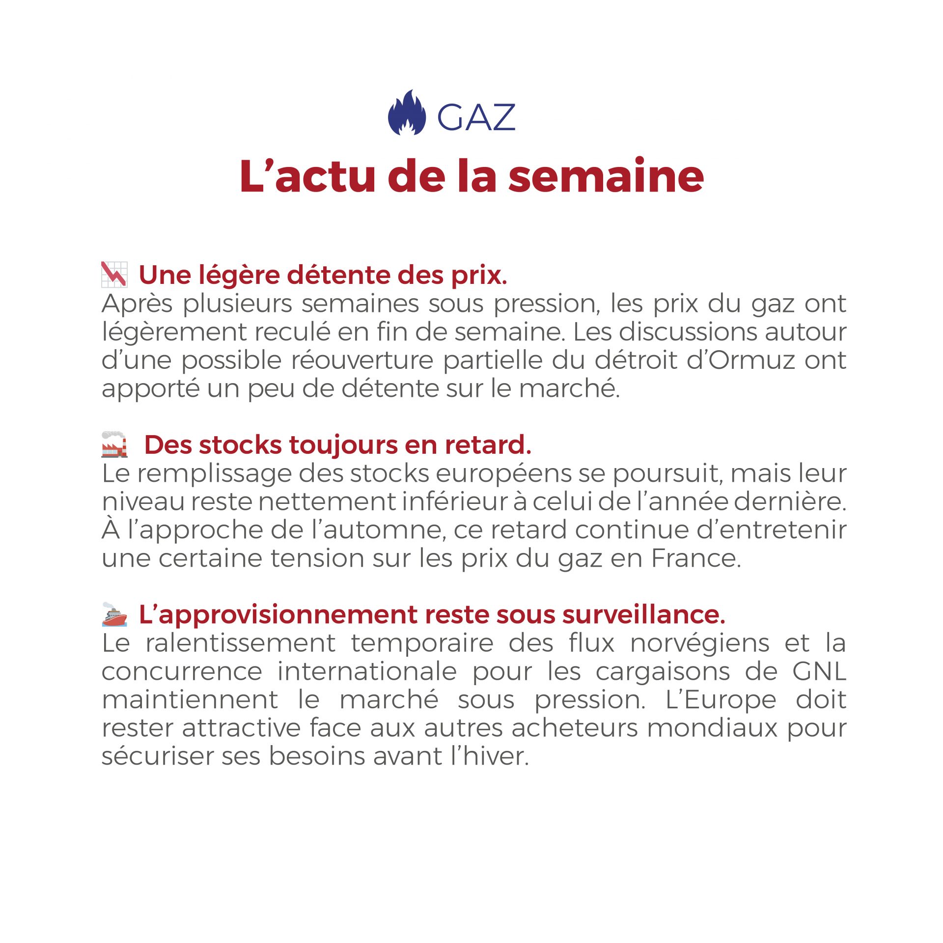 ⚡🔥 Électricité & Gaz : les marchés restent prudents à l’approche de l’automne, entre volatilité des prix de l’électricité, amélioration des fondamentaux et tensions persistantes sur l’approvisionnement en gaz.