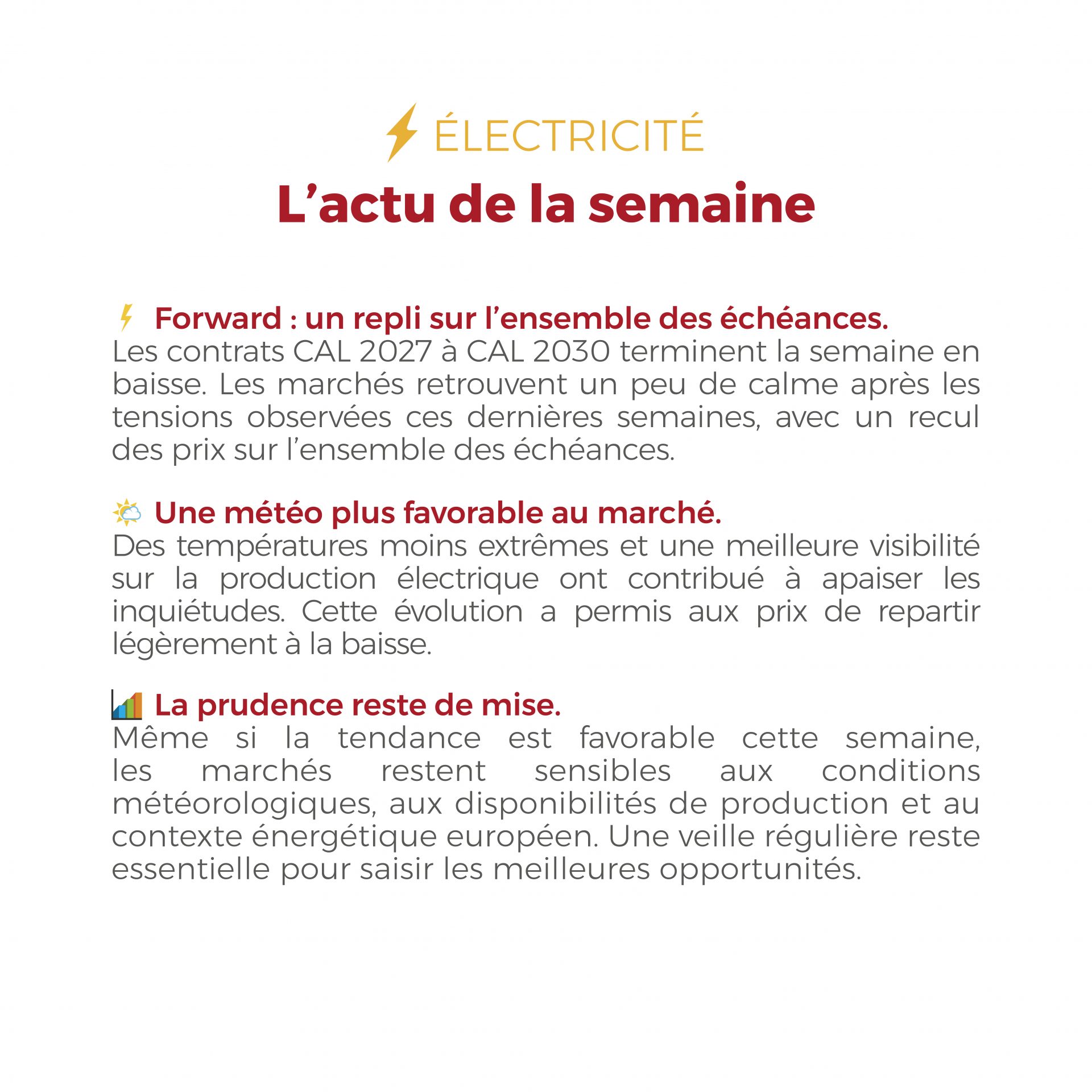 📊 Cette semaine, les marchés de l’électricité et du gaz ont affiché une légère détente. Découvrez notre analyse et l’évolution des prix des CAL 2027 à 2030 dans le Flashpoint de la semaine. ⚡🔥 #Électricité #Gaz #Énergie #MarchésÉnergie #FlashÉnergie #CourtageÉnergie #TransitionÉnergétique