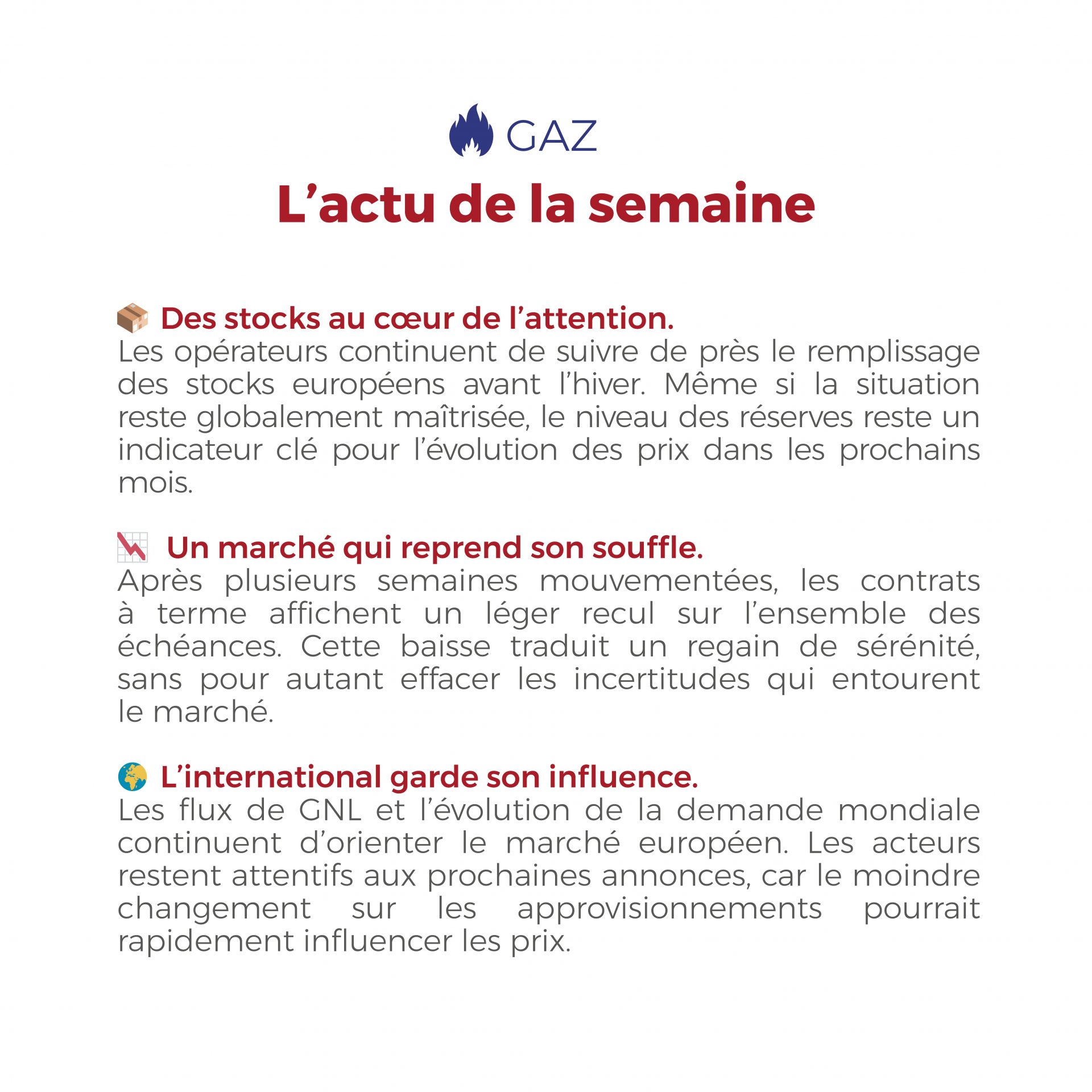 📊 Cette semaine, les marchés de l’électricité et du gaz ont affiché une légère détente. Découvrez notre analyse et l’évolution des prix des CAL 2027 à 2030 dans le Flashpoint de la semaine. ⚡🔥 #Électricité #Gaz #Énergie #MarchésÉnergie #FlashÉnergie #CourtageÉnergie #TransitionÉnergétique"
