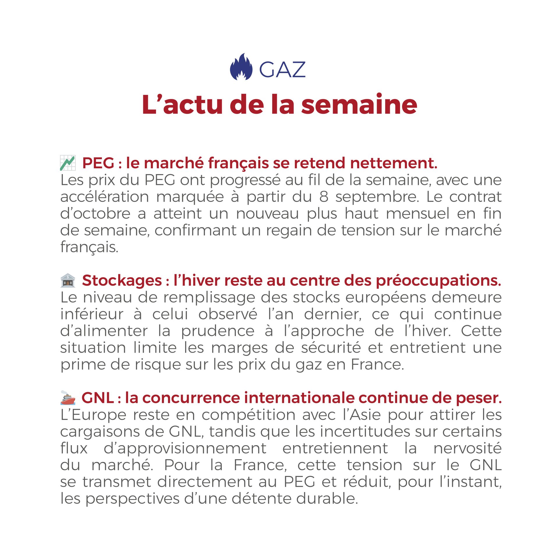 ⚡🔥 Flashpoint Énergie – Semaine du 7 au 11 septembre 2026 : les marchés de l’électricité et du gaz restent tendus en France, entre volatilité du Spot, disponibilité du parc nucléaire, niveaux élevés du CO₂, remplissage des stockages et concurrence persistante pour le GNL.