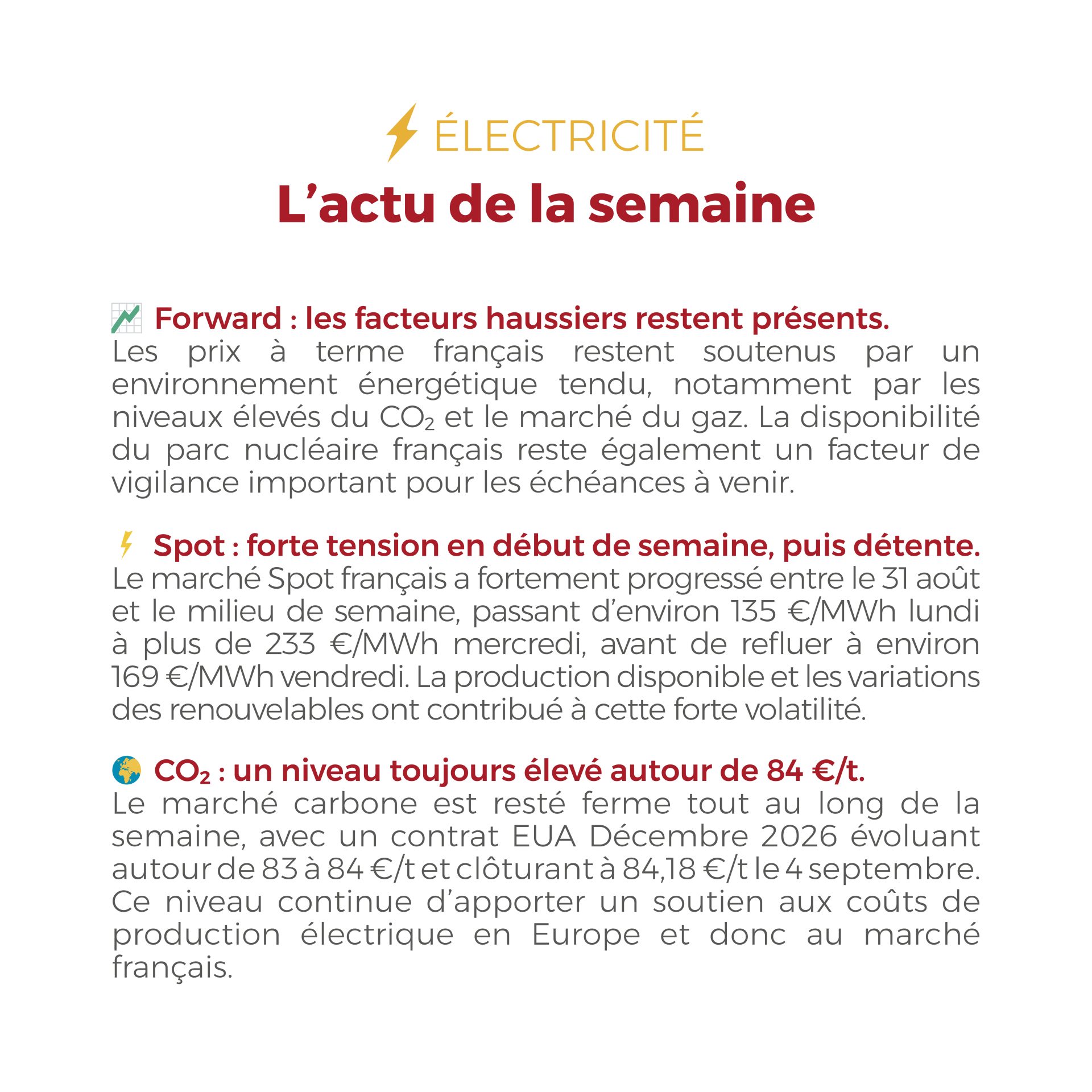 ⚡🔥 Flashpoint Énergie – Semaine du 31 août au 4 septembre 2026 : les marchés de l’électricité et du gaz restent sous tension en France, entre volatilité du Spot, soutien des prix Forward, disponibilité du parc nucléaire, niveau élevé du CO₂, tensions sur l’approvisionnement gazier et vigilance sur les stockages à l’approche de l’hiver.