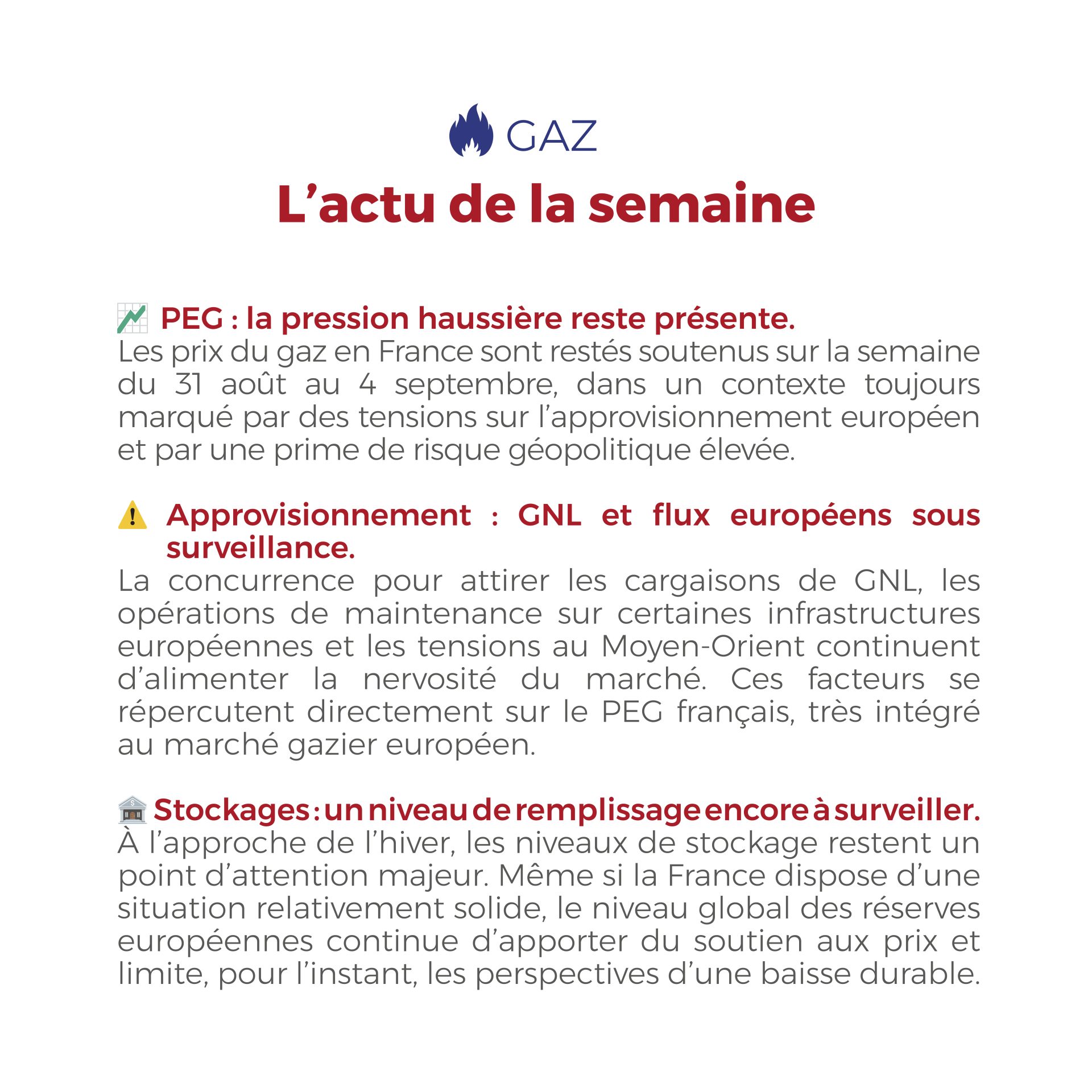 ⚡🔥 Flashpoint Énergie – Semaine du 31 août au 4 septembre 2026 : les marchés de l’électricité et du gaz restent sous tension en France, entre volatilité du Spot, soutien des prix Forward, disponibilité du parc nucléaire, niveau élevé du CO₂, tensions sur l’approvisionnement gazier et vigilance sur les stockages à l’approche de l’hiver.